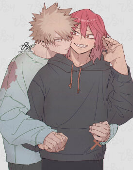 Rule 34 | 2boys, bakugou katsuki, black hoodie, black pants, blonde hair, boku no hero academia, closed mouth, commentary request, eye contact, hair down, highres, holding hands, hood, hood down, hoodie, hug, hug from behind, kirishima eijiro, looking at another, male focus, multiple boys, pants, red eyes, red hair, scar, scar on face, sharp teeth, short hair, signature, spiked hair, teeth, tsukota, twitter username, yaoi