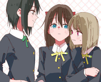 3girls arm_hug black_hair black_jacket blue_eyes blush bow brown_hair closed_mouth collared_shirt commentary_request green_ribbon grid_background hair_bow haruruhaharur highres jacket long_hair love_live! love_live!_nijigasaki_high_school_idol_club multiple_girls nakasu_kasumi neck_ribbon nijigasaki_drama_club_president nijigasaki_school_uniform osaka_shizuku red_bow red_eyes ribbon school_uniform shirt short_hair sweatdrop upper_body white_shirt yellow_ribbon