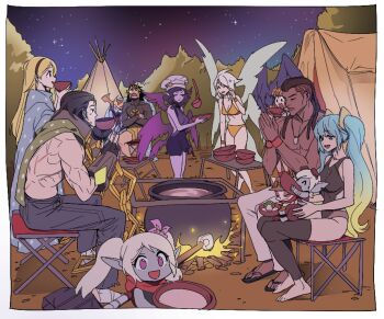 4boys 6+girls bikini bird black_gloves black_hair blonde_hair blue_eyes blue_hair bowl camping chair closed_eyes closed_mouth colored_skin crossed_arms crow dark-skinned_male dark_skin demacia_(league_of_legends) dragon_girl dreadlocks eating fingerless_gloves flower food gloves hair_between_eyes hair_flower hair_ornament hammer hat holding holding_bowl jarvan_iv_(league_of_legends) jewelry kayle_(league_of_legends) league_of_legends long_hair lucian_(league_of_legends) lux_(league_of_legends) morgana_(league_of_legends) multiple_boys multiple_girls multiple_wings muscular muscular_male necklace night on_chair on_ground open_mouth orange_bikini outdoors parted_bangs poppy_(league_of_legends) purple_eyes purple_hair quinn_(league_of_legends) scarf shadow short_hair shyvana siblings sidelocks sisters sitting sky sleeping smile sona_(league_of_legends) star_(sky) starry_sky sweatdrop swimsuit sylas_(league_of_legends) table teemo tent tree tristana_(league_of_legends) white_hair wings yordle zaket07