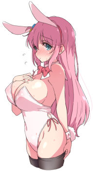 1girl animal_ear_hairband animal_ears black_thighhighs blue_eyes blush bocchi_the_rock! bow bowtie breasts closed_mouth commentary_request cropped_legs detached_collar fake_animal_ears flying_sweatdrops from_side gotoh_hitori hairband highres large_breasts leotard long_hair looking_at_viewer mel_(melty_pot) pink_hair playboy_bunny rabbit_ear_hairband rabbit_ears rabbit_tail red_bow red_bowtie side-tie_leotard simple_background solo strapless strapless_leotard sweatdrop tail thighhighs white_background white_leotard white_wrist_cuffs wrist_cuffs