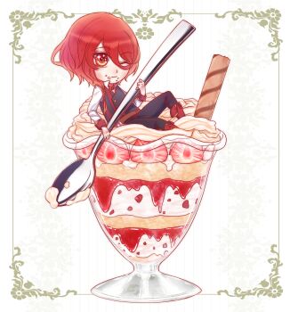 1boy :3 absurdres belt belt_buckle belt_collar black_pants black_vest boots brown_belt buckle buttons cake chibi cinnamon_stick closed_mouth collar collared_shirt commentary crumbs dessert diamond_button english_commentary food glass grid_background hair_between_eyes high_collar highres holding holding_spoon knee_up light_blush long_sleeves male-female_symbol one_eye_closed orange_eyes original oversized_food oversized_object pants picture_frame red_belt red_boots red_hair sasamekuh shirt short_hair smile solo sparkling_eyes spoon strawberry_shortcake vest white_background white_shirt