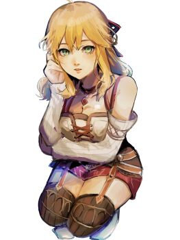 1girl 4me3ba_niku blonde_hair breasts cleavage commentary_request detached_sleeves fiora_(xenoblade) green_eyes highres long_hair looking_at_viewer medium_breasts open_mouth simple_background solo thighhighs white_background xenoblade_chronicles_(series) xenoblade_chronicles_1