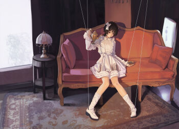 1boy absurdres alternate_costume arm_at_side black_eyes black_hair blank_eyes bow carpet clenched_hand closed_mouth couch crossdressing crossdressing_(mtf) curtains dress dterl expressionless frilled_dress frilled_skirt frilled_sleeves frills full_body genshin_impact hair_bow hand_up highres holding holding_kettle kettle knees_together_feet_apart lamp long_sleeves loose_socks male_focus on_couch open_hand pigeon-toed pillow puppet_strings scaramouche_(genshin_impact) shadow shoelaces shoes sitting skirt socks solo string trap white_bow white_dress white_shoes white_skirt white_sleeves white_socks