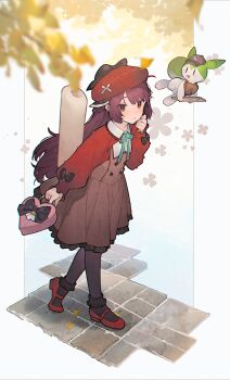 1girl aqua_ribbon beret black_bow black_pantyhose bow brown_bow brown_dress brown_eyes brown_hair commentary_request dress ginkgo_leaf hat hat_bow headgear heart-shaped_bag highres kiritanpo_(food) leaf light_blush looking_at_viewer mary_janes neck_ribbon pantyhose parted_lips red_hat red_shoes red_shrug ribbon shirinda_fureiru shoes shrug_(clothing) touhoku_kiritan utau voiceroid zundamon zundamon_(utau)