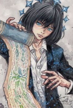 1boy absurdres black_hair black_jacket blue_eyes crown dominic_ian_cabatit fate/grand_order fate_(series) floating_crown hair_between_eyes highres holding holding_scroll jacket long_sleeves looking_at_viewer male_focus oberon_(celebratory_attire)_(fate) oberon_(fate) oberon_(third_ascension)_(fate) open_clothes open_jacket open_shirt scroll shirt short_hair solo upper_body white_shirt