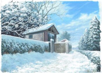 atsumori177 bare_tree blue_sky building cloud commentary_request day gate italy no_humans original outdoors scenery sky snow tree winter