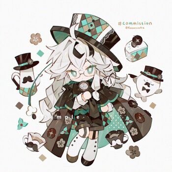 1girl :&lt; ahoge black_cape black_hat black_shoes black_shorts bright_pupils cake cake_slice cape chibi chibi_only closed_mouth commission crossed_bangs cup double-parted_bangs food full_body glasses green_eyes hat highres holding holding_magnifying_glass kanae_(cookie) long_hair long_sleeves looking_at_viewer magnifying_glass original seal_(animal) shirt shoes shorts simple_background socks solo standing teacup teapot twitter_username white_background white_hair white_pupils white_shirt white_socks