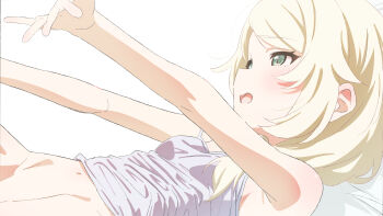 1girl blonde_hair blush breasts camisole green_eyes highres hip_bones idolmaster idolmaster_cinderella_girls loli lying navel on_back outstretched_arms papiyon1297 short_hair small_breasts smile solo yusa_kozue