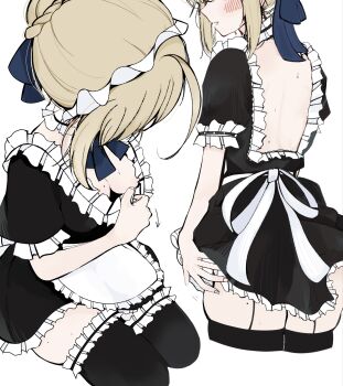 1girl absurdres apron artoria_pendragon_(fate) blonde_hair blush breasts fate/stay_night fate_(series) garter_belt hayato_hoshi604 highres maid maid_apron maid_headdress medium_breasts mole mole_on_breast mole_on_leg open_mouth saber_(fate) simple_background sitting standing sweat thighhighs white_background