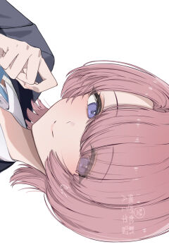 1girl arimura_mao blush closed_mouth commentary_request ev_(dai00888) eyes_visible_through_hair gakuen_idolmaster hair_over_one_eye hand_up highres idolmaster looking_at_viewer parted_bangs pink_hair portrait purple_eyes short_hair sideways simple_background smile solo white_background