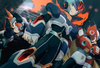 Rule 34 | 3boys, android, armor, axl (mega man), black armor, blonde hair, blue armor, blue eyes, blue gem, blue helmet, brown hair, chest jewel, commentary request, dutch angle, forehead jewel, gem, green eyes, green gem, helmet, highres, lemon inu, long hair, male focus, mega man (series), mega man x: command mission, mega man x (series), multiple boys, new armor x (mega man), red armor, red gemstone, red helmet, scar, scar on face, shoulder armor, spiked hair, watermark, x (mega man), zero (mega man)