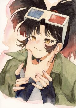 Rule 34 | 1girl, 1other, 3d glasses, :3, absurdres, an-an lee, black gloves, black hair, commentary request, earrings, eyewear on head, fingerless gloves, gloves, green jacket, hakamori shishamo, hand on another's cheek, hand on another's face, hands up, highres, holding another's wrist, hoop earrings, jacket, jewelry, long hair, looking at viewer, painting (medium), ponytail, reverse:1999, shirt, solo focus, traditional media, upper body, watercolor (medium), white shirt, yellow eyes