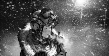 Rule 34 | 1girl, absurdres, ammunition pouch, combat helmet, darius billie (moonkez), ear protection, fur collar, goggles, goggles on head, helmet, highres, jacket, loose hair strand, microphone, monochrome, open clothes, open jacket, original, pouch, radio antenna, snowflakes, snowing, breath