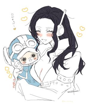 1boy 1girl ^_^ black_hair blue_coat blush carrying carrying_person closed_eyes coat goggles goggles_on_headwear headphones heart highres jacket long_hair nico_robin one_piece sidelocks simple_background smile tony_tony_chopper ui25258787