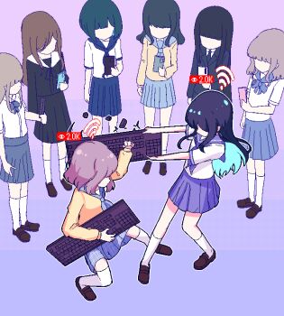 6+girls aqua_hair arm_at_side black_hair black_serafuku black_skirt black_suit blocking blue_hair blue_neckerchief blue_sailor_collar blue_skirt blunt_bangs bob_cut brown_footwear brown_hair cellphone chibikki colored_inner_hair commentary computer_keyboard duel english_commentary faceless fighting formal_clothes gradient_background highres holding holding_computer_keyboard holding_phone kneehighs light_brown_hair long_hair long_sleeves medium_hair multicolored_hair multiple_girls nanako_(chibikki) neckerchief original phone pink_background pixel_art plaid_clothes plaid_skirt pleated_skirt purple_background sailor_collar school_uniform serafuku shoes short_hair short_sleeves simple_background skirt smartphone socks standing suit symbolism thighhighs two-tone_background two-tone_hair white_sailor_collar white_serafuku white_socks white_thighhighs wi-fi_symbol yellow_serafuku