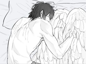 Rule 34 | 2boys, angel devil (chainsaw man), angel wings, back, bbong0bbong, blush, chainsaw man, closed eyes, commentary request, earrings, feathered wings, hair undone, hayakawa aki, highres, jewelry, korean commentary, male focus, mixed-language commentary, multiple boys, on bed, out of frame, scratches, short hair, sleeping, topless male, wings, yaoi