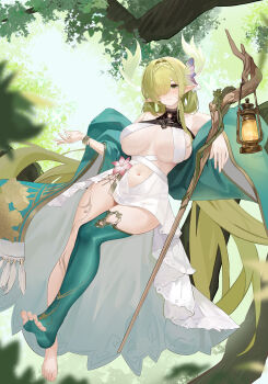 1girl absurdres azur_lane bare_shoulders barefoot blush bracelet braid branch breasts butterfly_hair_ornament center_opening changgong8745 clothing_cutout coat commentary_request de_zeven_provincien_(azur_lane) dress elf flower gold_trim green_coat green_eyes green_thighhighs grey_hair hair_ornament hair_over_one_eye highres jewelry lantern large_breasts leaf light_smile long_hair looking_at_viewer mage_staff navel navel_cutout off_shoulder on_tree pink_flower pointy_ears single_thighhigh sitting soles solo staff thighhighs thighs tree very_long_hair white_dress wooden_staff