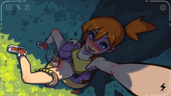 1girl bestiality blue_eyes blush bottomless breasts cleavage cum cum_in_pussy ekans gen_1_pokemon gym_leader loli looking_at_viewer misty_(pokemon) nature nintendo no_panties npc_trainer orange_hair outdoors outstretched_arm pokemon pokemon_(anime) pokemon_(creature) pokephilia pussy selfie sex shorts sismicious small_breasts tank_top tree tree_shade unworn_shorts