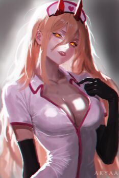 1girl absurdres akyaa_art artist_name black_gloves blonde_hair breasts chainsaw_man cleavage cross-shaped_pupils demon_girl demon_horns dress elbow_gloves gloves grey_background hair_between_eyes hat highres horns large_breasts long_hair looking_at_viewer nurse nurse_cap power_(chainsaw_man) red_horns sharp_teeth solo symbol-shaped_pupils teeth white_dress yellow_eyes