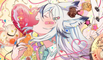 1girl ahoge ai_kotoba_iv_(vocaloid) animal_ear_fluff animal_ear_piercing animal_ears aqua_nails aqua_necktie balloon bandaid bandaid_on_face bandaid_on_neck black_hair closed_eyes collared_shirt commentary_request confetti cookie flower food fork fox_ears gradient_hair heart heart_balloon highres jewelry multicolored_hair multiple_rings necktie open_mouth original pink_flower pink_hair pink_nails plate profile purple_flower ring rose shirt solo star_(symbol) streamers teeth u_u upper_teeth_only vocaloid white_hair white_shirt wings yellow_flower yukimura_88