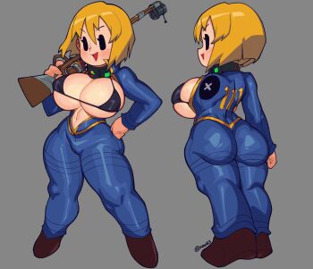 1girl artist_name ass blonde_hair blue_jumpsuit blush bomb_collar breasts brown_footwear curvy fallout grey_background gun hand_on_own_hip hand_up highres holding holding_gun holding_weapon huge_breasts jumpsuit large_breasts long_sleeves looking_at_viewer navel open_mouth rifle short_hair simple_background solo thick_thighs thighs twitter_username vault_girl vault_suit waa153 weapon