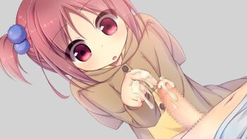 1boy 1girl :o animal_costume animal_hood aoi_aruma censored clueless cosplay costume cowboy_shot cum cum_on_body cum_on_hands dog_costume erection flat_chest game_cg hood jissai_no_tokoro kigurumi kumura_hibari_(jissai_no_tokoro) loli looking_at_penis lying mosaic_censoring navel on_back open_mouth parted_lips penis pink_eyes pink_hair poking shirt short_hair sidelocks simple_background standing transparent_background twintails variant_set white_shirt