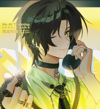 1boy absurdres artist_name asaba_harumasa black_choker black_hair black_necktie brooch chain choker closed_mouth commentary corded_phone ear_piercing earrings hands_up highres holding holding_phone jewelry male_focus multiple_rings naru9 necktie one_eye_closed parted_bangs pendant_choker phone piercing portrait ring shirt short_hair silver_ring sleeves_rolled_up smile solo symbol-only_commentary white_shirt wing_brooch yellow_background yellow_eyes zenless_zone_zero