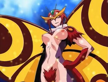 00s 1girl 2001 animated animated_gif arthropod_girl assertive_female body_markings breasts bug butterfly_wings colored_skin helmet injuu_gakuen_la_blue_girl injuu_gakuen_la_blue_girl:_fukkatsu_hen insect_wings koga_(injuu_gakuen_la_blue_girl) large_breasts lipstick makeup markings monster_girl nipples pubic_hair red_hair tagme wings yellow_eyes