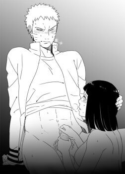 1boy 1girl abs boruto:_naruto_next_generations bottomless breasts clothed_male_nude_female clothes_lift commentary_request facial_mark greyscale hal_(sakurajam) handjob heavy_breathing hetero husband_and_wife hyuuga_hinata jacket large_breasts male_focus male_pubic_hair monochrome naruto_(series) nipples nude one_eye_closed penis pubic_hair shirt_lift sitting testicles uzumaki_naruto whisker_markings