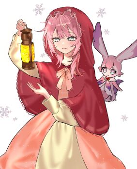 1girl blue_eyes commentary cyrene_(honkai:_star_rail) cyrene_(philia093)_(honkai:_star_rail) dress highres holding_lamp honkai:_star_rail honkai_(series) looking_at_viewer mem_(honkai:_star_rail) pink_dress pink_hair red_hood short_hair simple_background smile snowflake_background ssamsa0404 symbol-only_commentary white_background