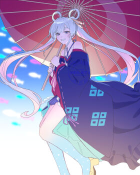Rule 34 | 1girl, absurdres, aji (eatfishfly), bare shoulders, blue background, blue eyes, cho kaguya-hime!, colored extremities, commentary, hair ornament, hair rings, hair stick, highres, holding, holding umbrella, japanese clothes, kimono, long hair, long sleeves, looking at viewer, oil-paper umbrella, purple kimono, red umbrella, runami yachiyo, school of fish, shoes, smile, solo, standing, twintails, umbrella, untranslatable commentary, very long hair, wide sleeves, yellow shoes