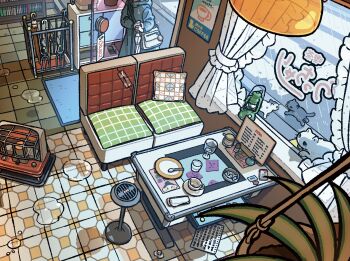 1other absurdly_detailed_composition bag blue_coat bookshelf cafe cat cigarette_butt coat commentary_request couch door flower flower_pot glass head_out_of_frame heater highres indoors loaded_interior menu noraneko_shiro_no_machi_meguri pillow poster_(object) puddle rain raincoat saucer shoulder_bag spoon table tao_(tao15102) tile_floor tiles umbrella window