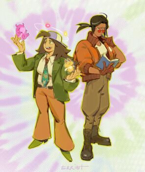 2girls absurdres andrea_(knights_of_guinevere) artist_name backwards_hat belt black_hair bomber_jacket book boots brown_gloves brown_hair brown_pants cosplay dark-skinned_female dark_skin disco_elysium dizzy erriot francesca_(knights_of_guinevere) gloves green_jacket green_shoes harry_du_bois harry_du_bois_(cosplay) hat highres jacket kim_kitsuragi kim_kitsuragi_(cosplay) knights_of_guinevere long_hair long_sleeves looking_over_eyewear missing_tooth multiple_girls necktie open_book orange_jacket pants pen red-tinted_eyewear shirt shoes space_cat_(knights_of_guinevere) space_tapir_(knights_of_guinevere) standing tinted_eyewear white_shirt