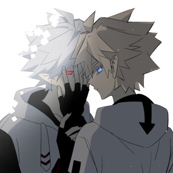 2boys ahoge aotu_world black_gloves black_nails blonde_hair blue_eyes chinese_commentary closed_mouth covering_another&#039;s_mouth drawstring dual_persona fingerless_gloves gloves glowing glowing_eyes hair_between_eyes hand_on_another&#039;s_face holding_another&#039;s_wrist hood hood_down hoodie kayu_(yukagoin) king_(aotu_world) king_(dark)_(aotu_world) looking_at_another looking_at_viewer looking_back male_focus multicolored_hoodie multiple_boys nail_polish official_alternate_color official_alternate_eye_color official_alternate_hair_color parted_lips pointy_ears profile red_eyes selfcest short_hair simple_background spiked_hair upper_body white_background white_hair white_hoodie
