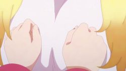 3girls angry animated anime_screenshot character_request crying grabbing_another&#039;s_breast groping kazairo_kotone looking_at_breasts multiple_girls rpg_fudousan rufuria_(rpg_fudousan) sharp_teeth sound subtitled sweatdrop teeth video