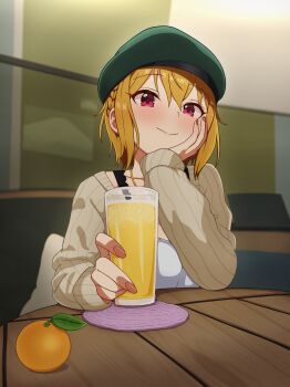 1girl absurdres beret blonde_hair blush braid closed_mouth cup drink fingernails food fruit green_hat hand_on_own_face hat head_rest highres holding holding_cup ibuki_tsubasa idolmaster idolmaster_million_live! indoors long_sleeves looking_at_viewer milliani nail_polish official_alternate_hairstyle orange_(fruit) pink_hair pink_nails restaurant short_hair sitting smile solo sweater table
