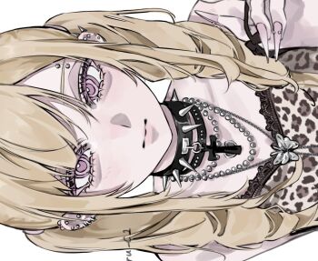 1girl aegyo_sal animal_print bead_necklace beads black_choker blonde_hair camisole caru_c1 choker closed_mouth commentary cross cross_choker ear_piercing eyebrow_piercing face_piercing fingernails gyaru hair_between_eyes jewelry leopard_print long_hair looking_at_viewer necklace original piercing pink_eyes pink_nails sharp_fingernails sideways simple_background solo spiked_choker spikes symbol-only_commentary twintails white_background