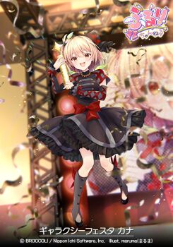 Rule 34 | 1girl, artist name, black dress, black hat, black shoes, blonde hair, bow, cana (z/x), concert, copyright notice, dress, dress bow, feathered wings, green wings, hair ornament, hat, holding, idol clothes, logo, maruma (maruma gic), medium hair, mini hat, mini top hat, mini wings, official art, open mouth, red bow, screen zoom, shoes, solo, teeth, top hat, translation request, upper teeth only, wings, yellow eyes, z/x