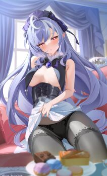 1girl black_hairband black_panties black_pantyhose black_skirt blush bow bowtie breast_curtains breasts center_frills clothes_lift commentary_request couch drill_hair frills gem hairband highres hino_kagutsuki indoors long_hair medium_breasts mole mole_under_eye multicolored_hair on_couch panties pantyhose parted_lips pointy_ears purple_bow purple_bowtie purple_gem purple_hair red_eyes sitting skirt skirt_lift solo streaked_hair sweatdrop underwear vivian_banshee white_hair white_skirt zenless_zone_zero