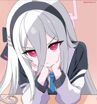 Rule 34 | >:(, 1girl, absurdres, black bow, black hairband, blue archive, blue necktie, bow, bright pupils, closed mouth, collared shirt, commentary request, double-parted bangs, elbows on table, eyes visible through hair, frown, hair between eyes, hair bow, hairband, half updo, halo, hands on own cheeks, hands on own face, hands up, highres, ho4mi, jacket, kei (blue archive), kei (new body) (blue archive), long hair, long hair between eyes, long sleeves, looking at viewer, necktie, open clothes, open jacket, pink background, pink halo, rectangular halo, red eyes, ringed eyes, shirt, sidelighting, simple background, solo, straight hair, tsurime, twitter username, upturned eyes, v-shaped eyebrows, white hair, white jacket, white pupils, white shirt