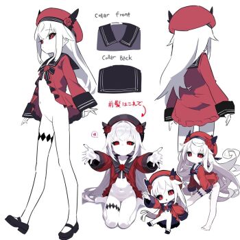 1girl beret black_sclera bottomless colored_sclera colored_skin dress expressionless hat highres loli long_hair matcha_(mattyan) navel null-chan_(mattyan) original pussy red_dress red_eyes reference_sheet sidelocks simple_background white_background white_hair white_skin