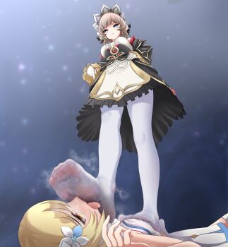 2girls absurdres black_bow black_dress black_sleeves blonde_hair blue_eyes bow breasts brown_hair closed_mouth detached_sleeves dress flower foot_on_another&#039;s_face foot_on_chest foreshortening frilled_sleeves frills from_below full_body genshin_impact gloves gold_trim grey_background hair_bow hair_flower hair_ornament hand_on_own_hip highres licking licking_foot light_particles looking_down lumine_(genshin_impact) lying multicolored_dress multiple_girls no_shoes on_back pantyhose pleated_dress pointing pointing_down sandrone_(genshin_impact) short_hair smell standing stepped_on toes tongue tongue_out trample user_daph4523 white_dress white_flower white_gloves white_headdress white_pantyhose wide_sleeves yellow_eyes yuri