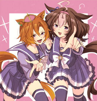 2girls ahoge animal_ears blush bow bowtie breasts brown_hair commentary_request crown domdam80 double-parted_bangs ear_ribbon hair_between_eyes hairband headband horse_ears horse_girl horse_tail large_breasts long_sleeves looking_at_viewer medium_hair meisho_doto_(umamusume) mini_crown multicolored_hair multiple_girls open_mouth orange_hair orange_tail pink_crown pink_hairband pink_headband pleated_skirt purple_eyes purple_sailor_collar purple_serafuku purple_shirt purple_skirt purple_thighhighs sailor_collar sailor_shirt school_uniform serafuku shirt short_hair skirt smile t.m._opera_o_(umamusume) tail thighhighs tracen_school_uniform two-tone_hair umamusume white_bow white_bowtie white_hair