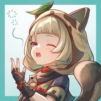 1girl absurdres animal_ears animal_hood aqua_border black_gloves black_scarf blunt_bangs blush border bow commentary_request fake_animal_ears fake_tail fingerless_gloves genshin_impact gloves hand_up highres hood hood_up leaf leaf_on_head one_eye_closed open_mouth outside_border raccoon_ears raccoon_hood red_bow red_eyes sayu_(genshin_impact) scarf short_hair shuriken solo squeans tail teeth upper_body upper_teeth_only weapon yawning yuno_kaihara