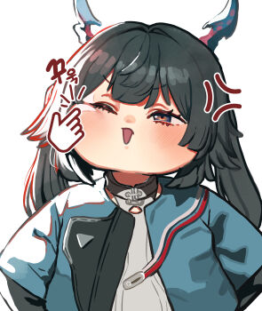 Rule 34 | 1girl, absurdres, anger vein, arknights, arknights: endfield, black hair, blush, cheek pinching, chen qianyu (arknights), chibi, chibi only, chroong, commentary request, dragon girl, dragon horns, eastern dragon horns, highres, horns, korean commentary, korean text, low twintails, one eye closed, pinching, simple background, solo, twintails, upper body, white background