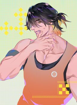 1boy armband black_hair collarbone commentary_request fingernails grimace hair_between_eyes highres looking_at_viewer male_focus mature_male nagasone_kotetsu ncww_rinichi orange_tank_top pectoral_cleavage pectorals ponytail solo tank_top touken_ranbu upper_body v-shaped_eyebrows wiping_face yellow_eyes