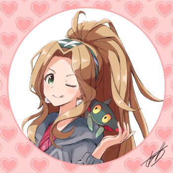 1girl commentary_request cosplay crossover dreepy earrings eyelashes gen_8_pokemon gloria_(pokemon) gloria_(pokemon)_(cosplay) grey_jacket hairband heart heart_background highres idolmaster idolmaster_million_live! idolmaster_million_live!_theater_days jacket jewelry licking_lips long_hair looking_at_viewer nikaido_chizuru nintendo on_shoulder one_eye_closed pokemon pokemon_(creature) pokemon_on_shoulder pom_pom_(clothes) pom_pom_earrings ponytail round_image signature tongue tongue_out zeni_maru