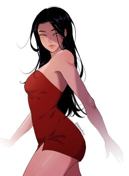 Rule 34 | 1girl, alternate costume, black hair, breasts, commentary, dress, english commentary, from side, grey eyes, highres, long hair, looking at viewer, neekaarts, nephis (shadow slave), outstretched arms, red dress, revealing clothes, shadow slave, short dress, smirk, solo