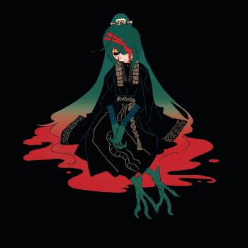 1boy ahoge bandage_over_one_eye bandages bird_legs black_eyes black_hair black_hanfu blood blood_on_face blood_on_ground bloody_bandages chinese_clothes coat coat_on_shoulders family_hierarch_candidate_(identity)_(project_moon) full_body hanfu high_ponytail highres hong_lu_(project_moon) limbus_company long_hair ponytail project_moon sitting solo talons very_long_hair yesheng_zong_ren