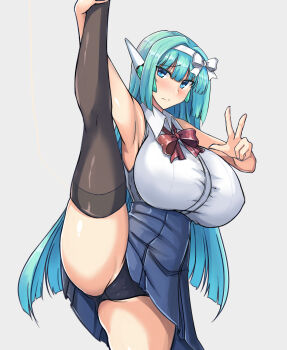 1girl android aqua_hair armpits black_panties black_thighhighs blue_eyes blue_hair blue_skirt blush bow bowtie breasts cameltoe closed_mouth generic_ooban_yaki grey_background hairband headgear high-waist_skirt highres huge_breasts leg_lift leg_up long_hair looking_at_viewer original panties pleated_skirt red_bow red_bowtie ribbon robot_ears shirt simple_background skirt sleeveless sleeveless_shirt solo split standing standing_on_one_leg standing_split thighhighs thighs underwear v very_long_hair w white_hairband white_shirt y-0_(generic_ooban_yaki)